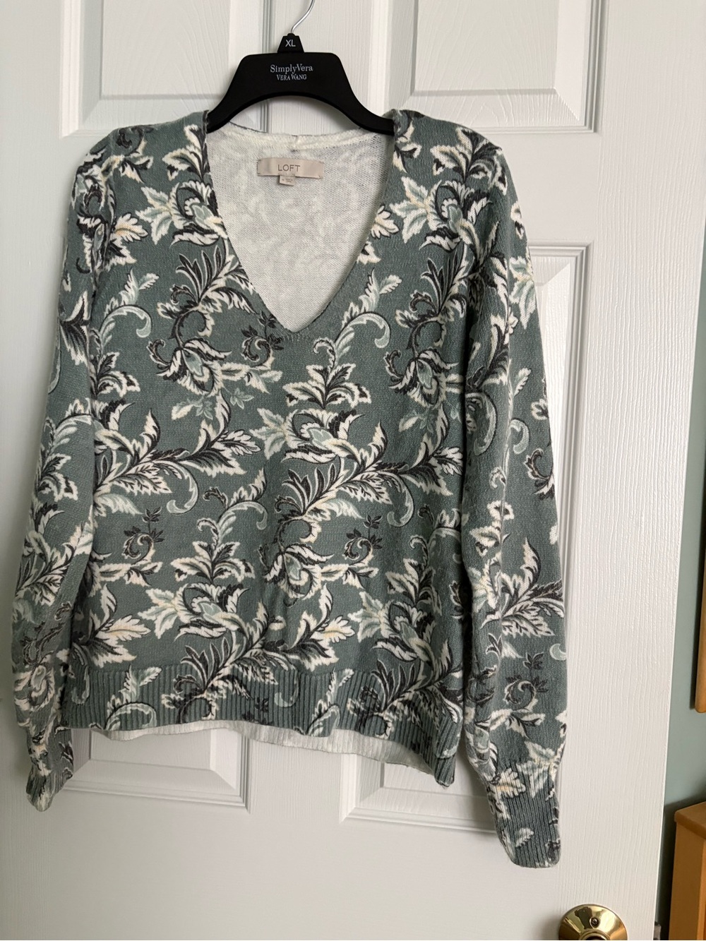 LOFT V-Neck Floral Jacquard Sweater in Sage and Cream
